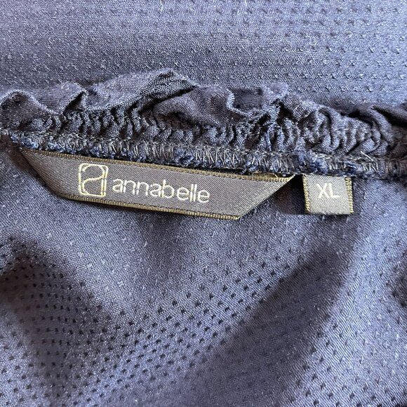 Annabelle 3/4 Sleeve Blouse Size XL Navy Textured Fabric Ruffle Neck Button Down - Picture 8 of 10